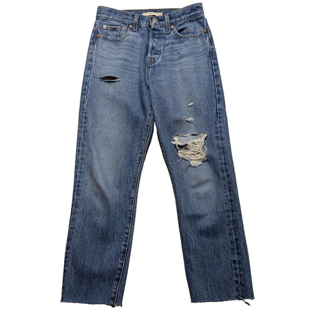 LEVISโ PREMIUM WEDGIE Women Size 25 Button Fly Distress Raw Hem Denim Blue Jeans